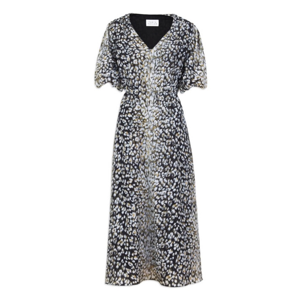 Tanya Taylor Seraphina Black Multicolor A-Line Dress Puff Sleeve Sz 8 Wedding